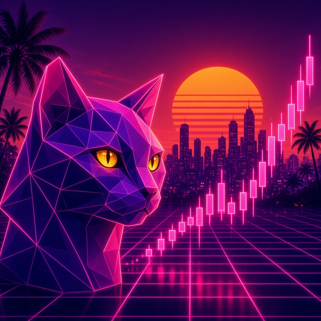 The neon cat watches a rising pink candlestick chart over the grid