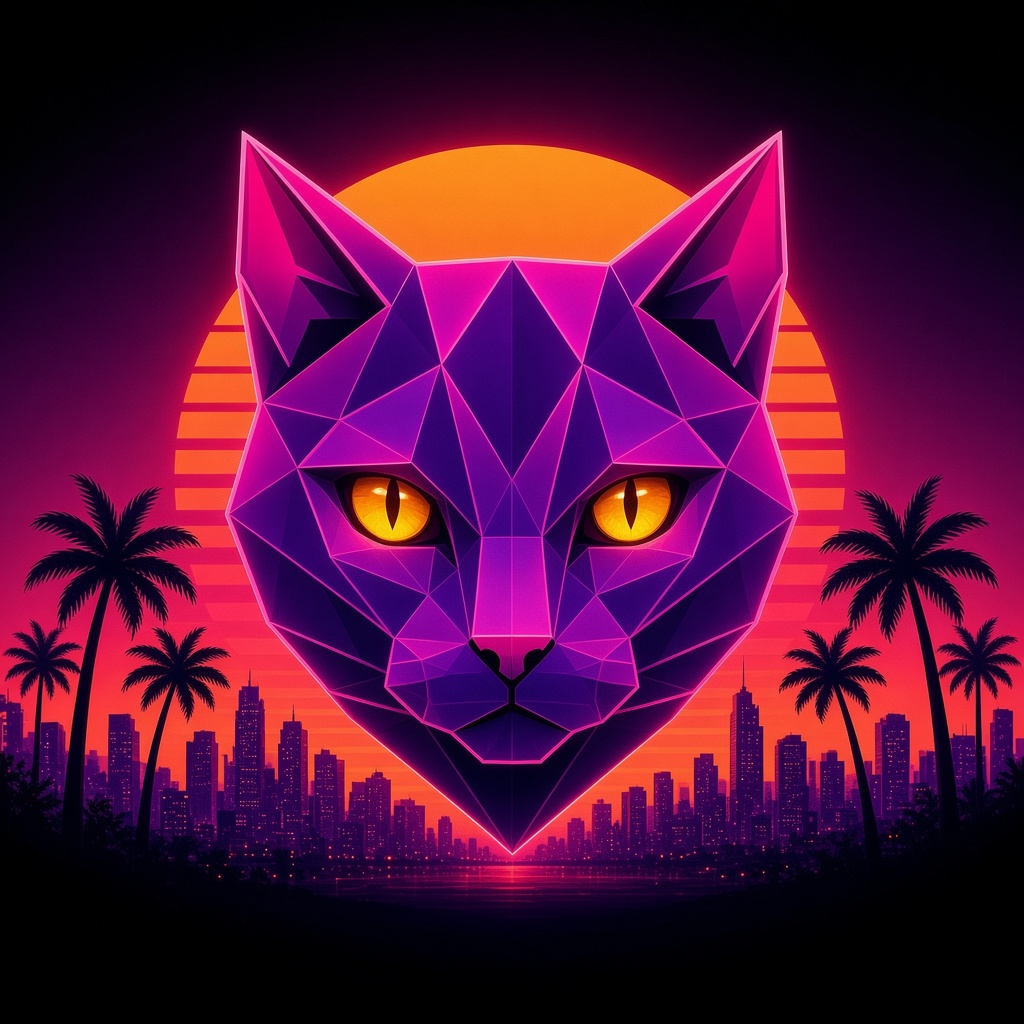 The geometric cat centered on a striped sun, palms, and the city skyline